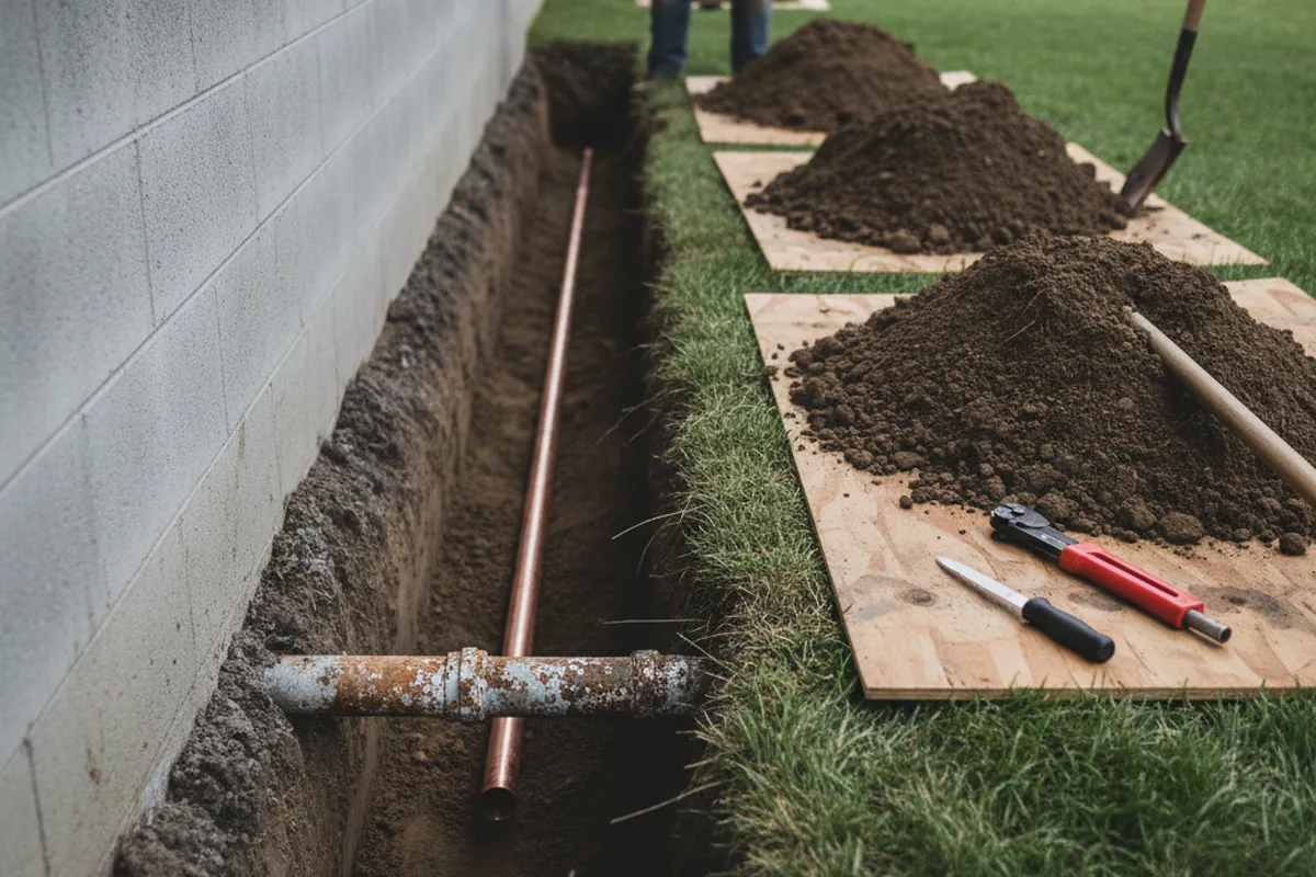 Excavated water line trench during Water Heater Repair in Brinson